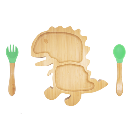 Bimbaybu - Plato Dinosaurio de bambú con cuchara y tenedor para bebés