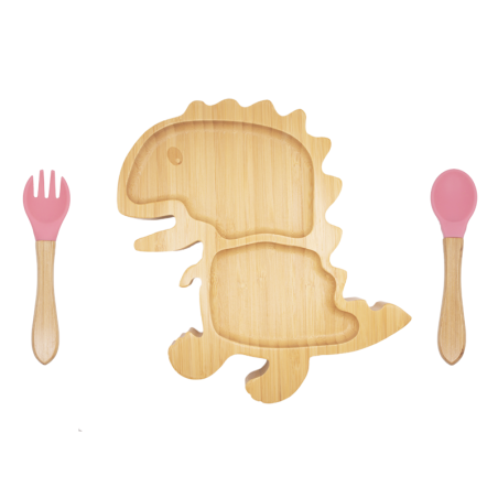 Bimbaybu - Plato Dinosaurio de bambú con cuchara y tenedor para bebés
